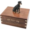 Sitting uncropped black doberman pinscher dog figurine on wood cremation urn, engraved wood, gold fill