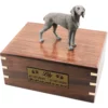 Weimaraner dog figurine on wood cremation urn, engraved plate