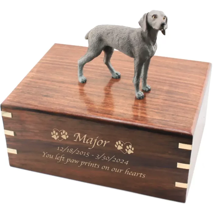 Weimaraner dog figurine on wood cremation urn, engraved wood, gold fill
