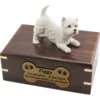 West Highland Terrier dog figurine on wood cremation urn, engraved plate
