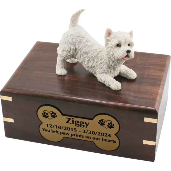 West Highland Terrier dog figurine on wood cremation urn, engraved plate