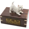 West Highland Terrier dog figurine on wood cremation urn, engraved plate