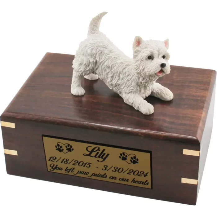 West Highland Terrier dog figurine on wood cremation urn, engraved plate