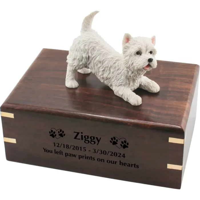 West Highland Terrier dog figurine on wood cremation urn, engraved wood, black fill