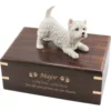 West Highland Terrier dog figurine on wood cremation urn, engraved wood, gold fill