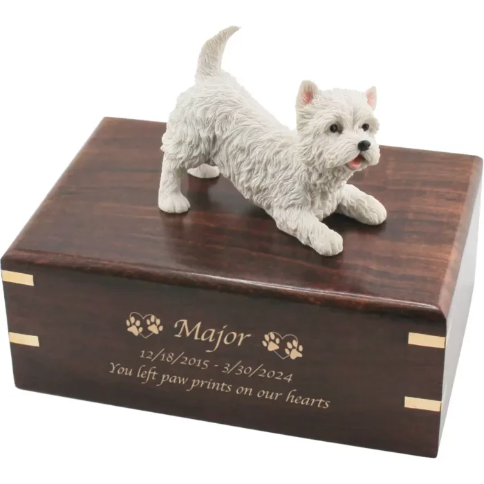 West Highland Terrier dog figurine on wood cremation urn, engraved wood, gold fill