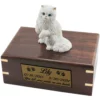 White Persian cat figurine on wood cremation urn, engraved plate