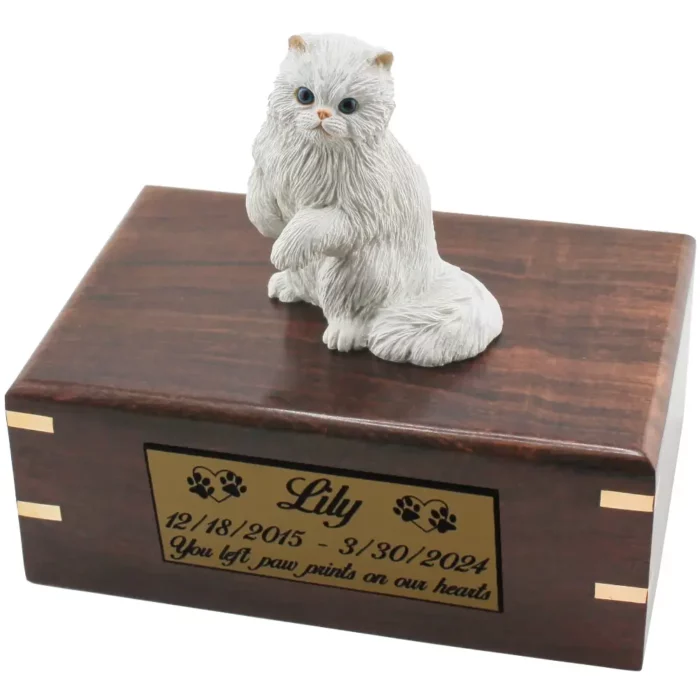 White Persian cat figurine on wood cremation urn, engraved plate