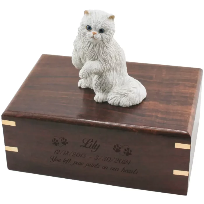 White Persian cat figurine on wood cremation urn, engraved wood