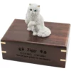 White Persian cat figurine on wood cremation urn, engraved wood, black fill