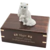 White Persian cat figurine on wood cremation urn, engraved wood, gold fill