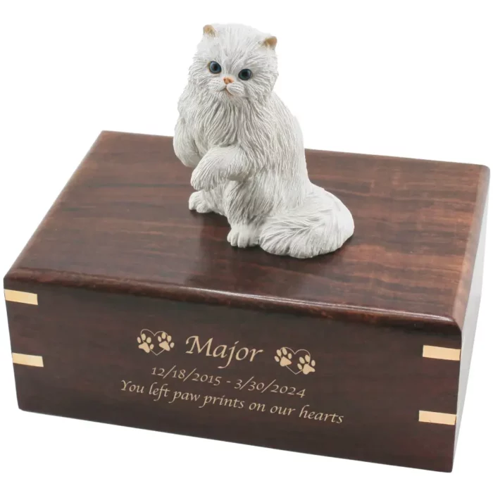 White Persian cat figurine on wood cremation urn, engraved wood, gold fill