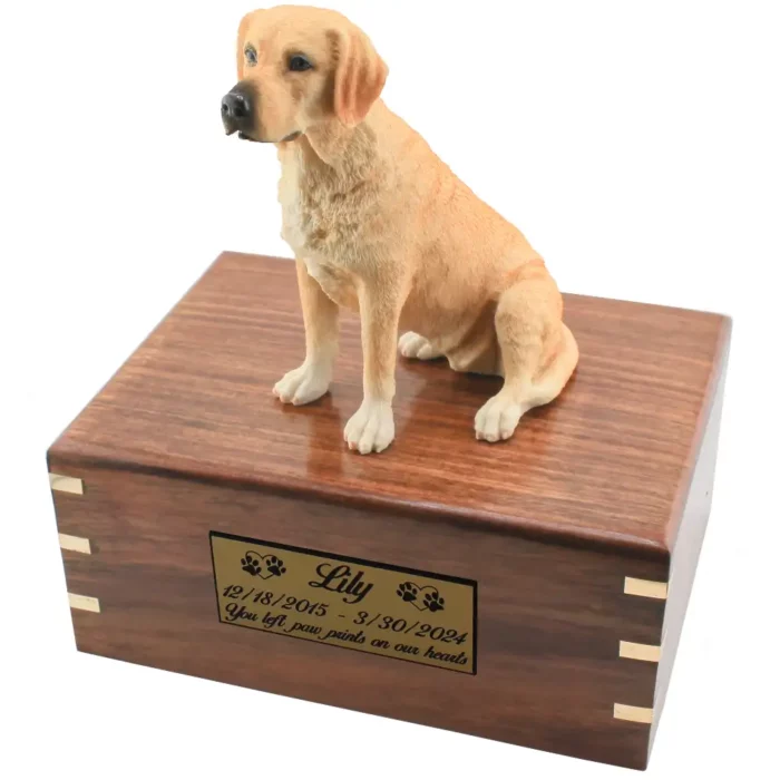 Yellow labrador dog figurine on wood cremation urn, engraved plate