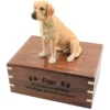 Yellow labrador dog figurine on wood cremation urn, engraved wood, black fill