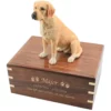 Yellow labrador dog figurine on wood cremation urn, engraved wood, gold fill