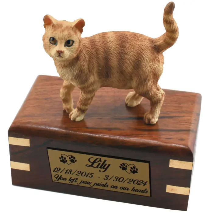 Orange tabby cat figurine memorial urn with engraved plate