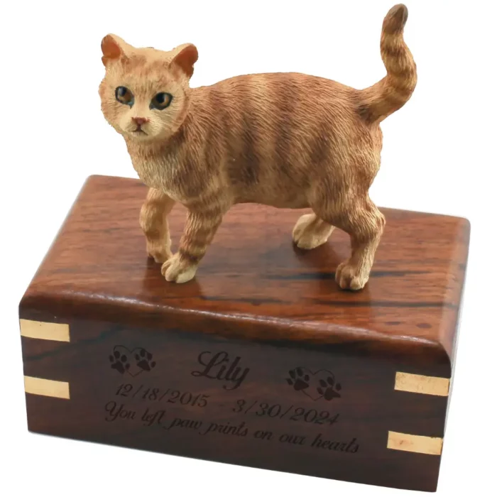 Orange tabby cat figurine memorial urn with engraved wood