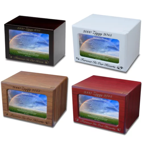 Wood photo pet cremation urn for dog or cat, with rainbow bridge poem, engraving available, 4 finishes