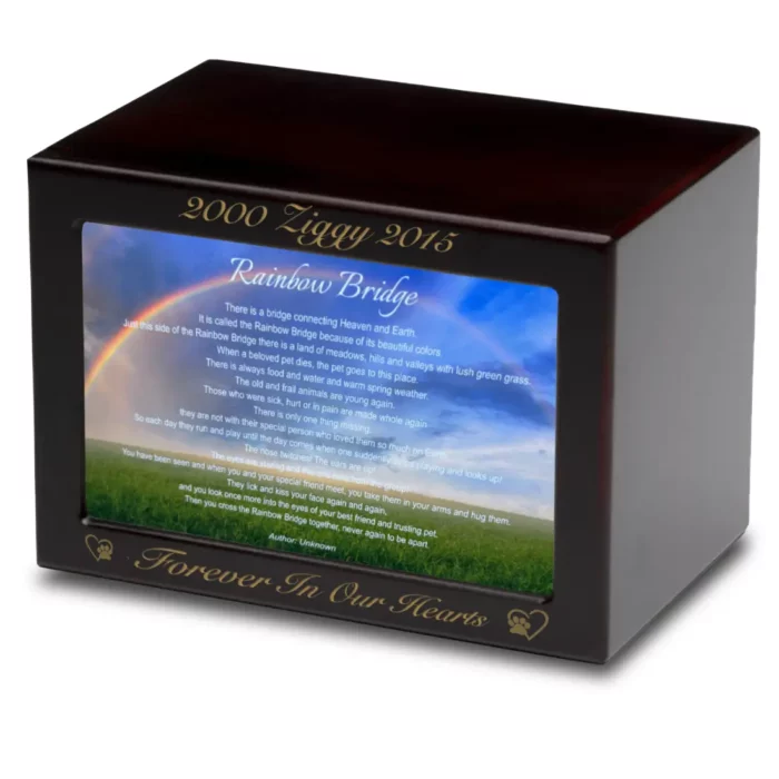 Wood photo pet cremation urn for dog or cat, with rainbow bridge poem, engraving available, dark cherry red finish