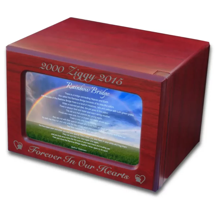 Wood photo pet cremation urn for dog or cat, with rainbow bridge poem, engraving available, cherry red finish
