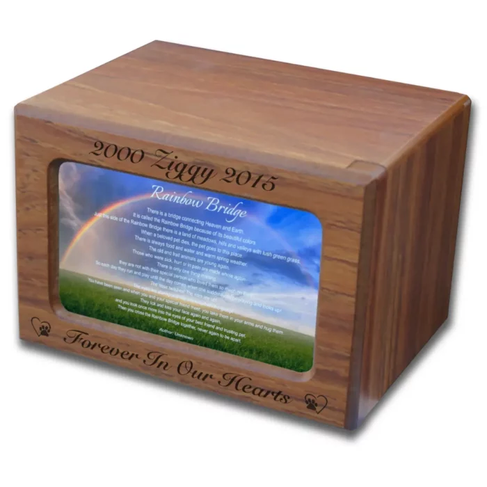 Wood photo pet cremation urn for dog or cat, with rainbow bridge poem, engraving available, brown teak finish