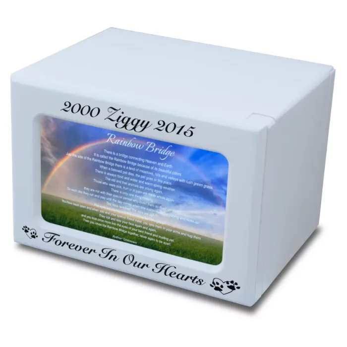 Wood photo pet cremation urn for dog or cat, with rainbow bridge poem, engraving available, white finish