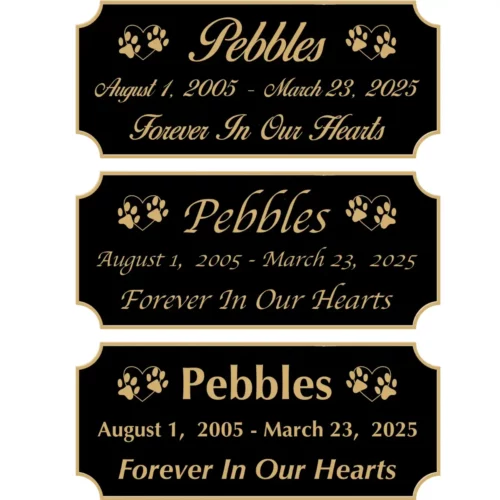 Acrylic memorial nameplate, black finish, gold text, all font styles