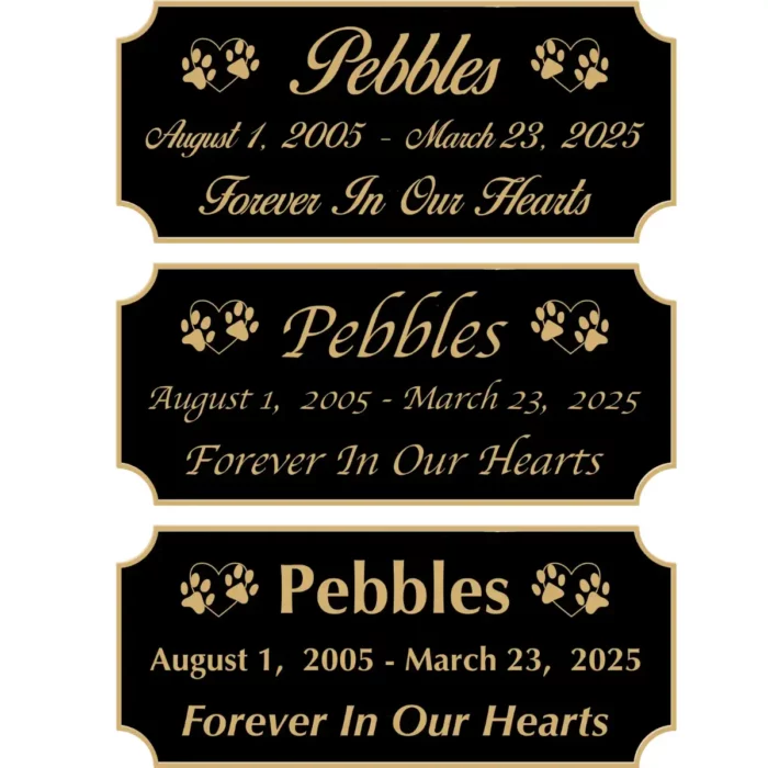 Acrylic memorial nameplate, black finish, gold text, all font styles