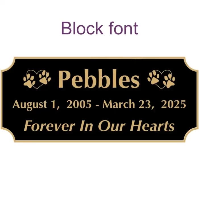 Acrylic memorial nameplate, black finish, gold text, block font style