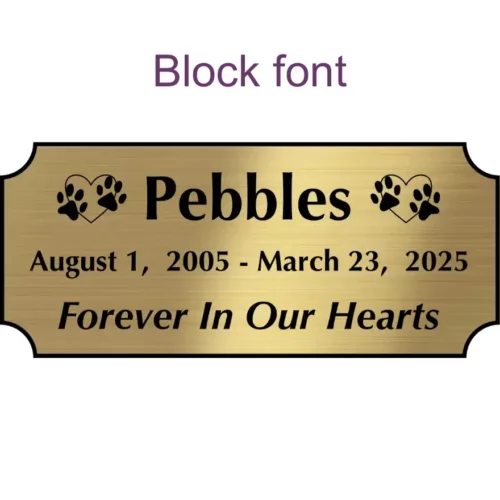 Acrylic memorial nameplate, brass finish, black text, block font style