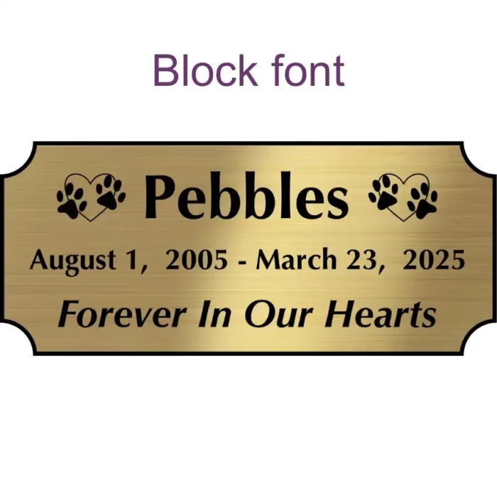 Acrylic memorial nameplate, brass finish, black text, block font style