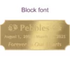 Acrylic memorial nameplate, brass finish, gold text, block font style