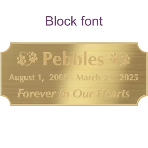 Acrylic memorial nameplate, brass finish, gold text, block font style