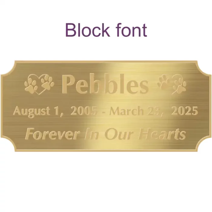 Acrylic memorial nameplate, brass finish, gold text, block font style