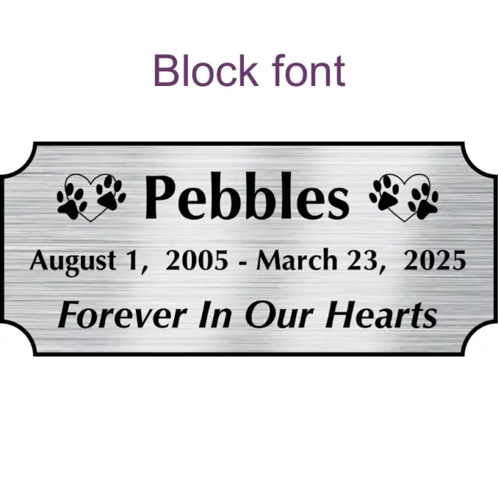 Acrylic memorial nameplate, silver finish, black text, block font style