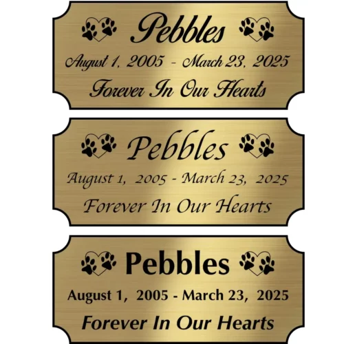 Acrylic memorial nameplate, brass finish, black text, all font styles