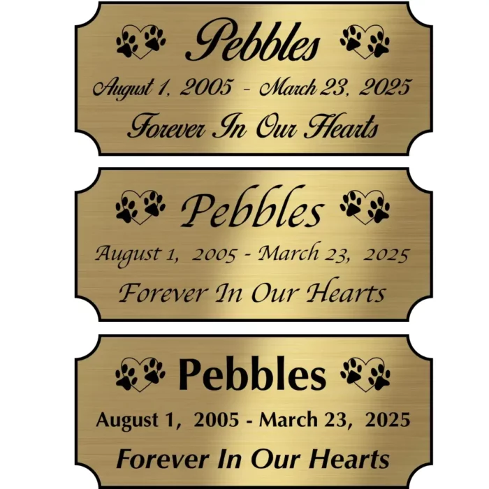 Acrylic memorial nameplate, brass finish, black text, all font styles