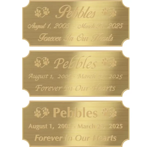 Acrylic memorial nameplate, brass finish, gold text, all font styles