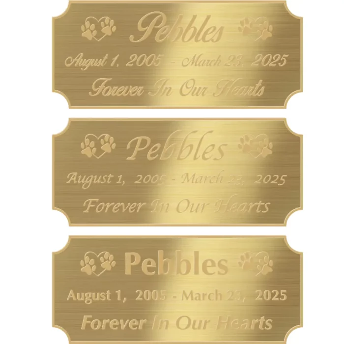 Acrylic memorial nameplate, brass finish, gold text, all font styles
