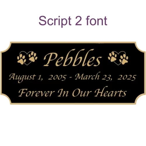 Acrylic memorial nameplate, black finish, gold text, script 2 font style
