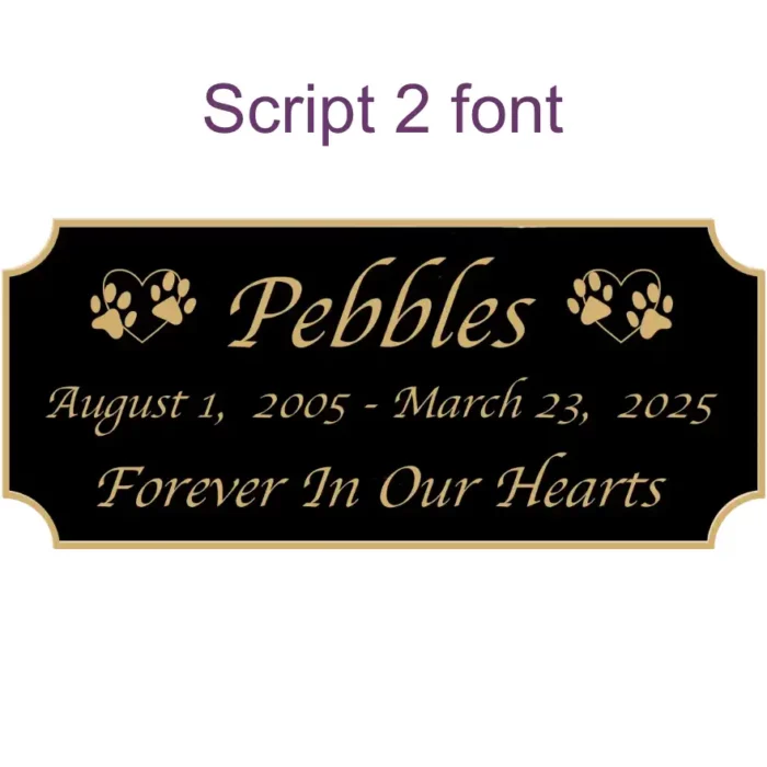 Acrylic memorial nameplate, black finish, gold text, script 2 font style