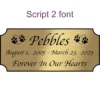 Acrylic memorial nameplate, brass finish, black text, script 2 font style