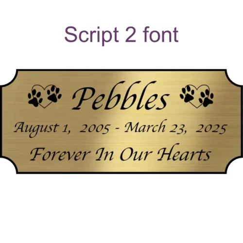 Acrylic memorial nameplate, brass finish, black text, script 2 font style