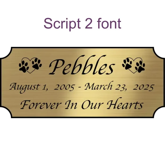 Acrylic memorial nameplate, brass finish, black text, script 2 font style