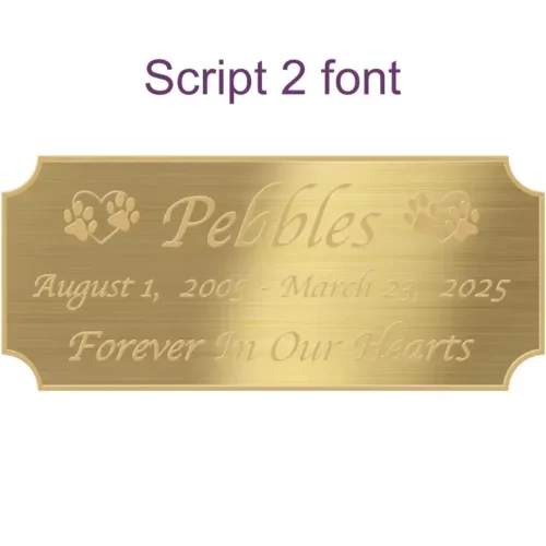Acrylic memorial nameplate, brass finish, gold text, script 2 font style