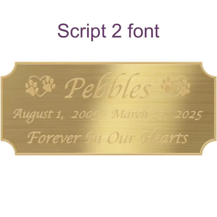 Acrylic memorial nameplate, brass finish, gold text, script 2 font style