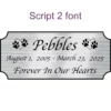 Acrylic memorial nameplate, silver finish, black text, script 2 font style