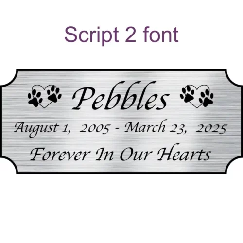 Acrylic memorial nameplate, silver finish, black text, script 2 font style