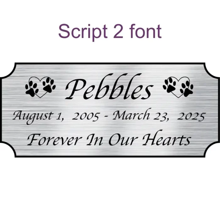 Acrylic memorial nameplate, silver finish, black text, script 2 font style