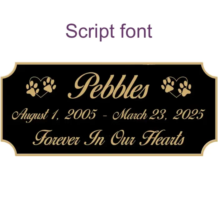 Acrylic memorial nameplate, black finish, gold text, script font style